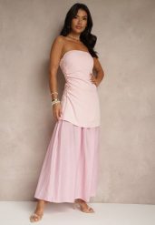 Różowa Sukienka Koktajlowa z Dekoltem Bandeau Ozdobiona Marszczeniem Folimmea. Czerwone sukienki damskie Renee, bez wzorów, eleganckie, bez ramiączek. W wyprzedaży za 135.99 zł.
