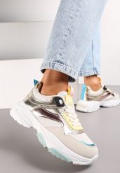 Biało-Złote Sneakersy z Metalicznymi Wstawkami na Grubej Podeszwie Tahara. Żółte obuwie sportowe damskie Renee, bez zapięcia. Za 109.99 zł.