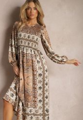Beżowa Sukienka Maxi Boho z Bufiastym Rękawem i Rozkloszowanym Dołem Veltiana. Brązowe sukienki damskie Renee, bez wzorów, z materiału, boho, bez ramiączek. W wyprzedaży za 119.99 zł.