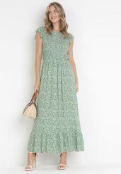 Zielona Rozkloszowana Sukienka Maxi w Kwiaty Ocoletta. Zielone sukienki damskie Born2be, bez wzorów, z tkaniny, bez ramiączek. Za 119.99 zł.