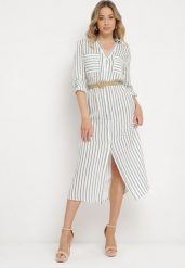 Biało-Zielona Sukienka Midi w Koszulowym Stylu z Lnem i Paskiem z Klamrą Egogia. Białe sukienki damskie Born2be, bez wzorów, eleganckie, bez ramiączek. Za 139.99 zł.