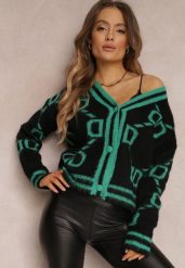 Czarno-Zielony Kardigan Sethoy. Czarne kardigany damskie Renee, m, bez wzorów, z dzianiny. Za 119.99 zł.