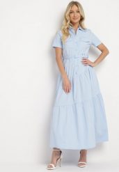 Niebieska Taliowana Sukienka z Bawełny w Koszulowym Stylu z Imitacją Kieszeni Masefia. Niebieskie sukienki damskie Born2be, bez wzorów, z bawełny, eleganckie, bez ramiączek. Za 259.99 zł.