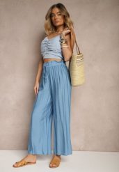 Niebieskie Spodnie High Waist o Szerokim Kroju z Wiązaniem Telisiela. Niebieskie spodnie materiałowe damskie Renee, bez wzorów, z jeansu. Za 39.99 zł.