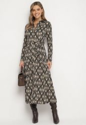 Czarno-Beżowa Koszulowa Sukienka z Wiskozą w Ornamentalny Wzór z Wiązanym Paskiem Evathria. Czarne sukienki damskie Born2be, bez wzorów, z wiskozy, eleganckie, bez ramiączek. W wyprzedaży za 161.49 zł.