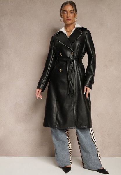 Czarny Płaszcz Trencz z Ekoskóry o Dwurzędowym Kroju z Paskiem Nilianis. Czarne płaszcze damskie Renee, l, bez wzorów, z bawełny, bez kaptura. Za 189.99 zł.