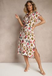 Beżowo-Zielona Sukienka z Wiskozą o Koszulowym Kroju z Paskiem z Klamrą w Etno Print Jenavianea. Brązowe sukienki damskie Renee, bez wzorów, z wiskozy, eleganckie, bez ramiączek. W wyprzedaży za 75.99 zł.