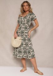 Ciemnozielona Rozkloszowana Sukienka z Bawełny z Gumką w Talii Desanita. Zielone sukienki damskie Renee, bez wzorów, z bawełny, eleganckie, bez ramiączek. W wyprzedaży za 43.99 zł.