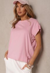 Różowy Bawełniany T-shirt z Rozcięciami przy Rękawach Katilana. Czerwone t-shirty damskie Renee, bez wzorów, z bawełny, bez kołnierzyka. Za 49.99 zł.