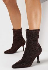 Brązowe Błyszczące Botki na Szpilce ze Skarpetkową Cholewką Urbina. Brązowe botki damskie Born2be, bez obcasa, na obcasie, bez zapięcia. Za 119.99 zł.