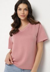 Różowy T-shirt z Trójkątnym Dekoltem Foniriela. Czerwone t-shirty damskie Born2be, m, bez wzorów, z jeansu, bez kołnierzyka. Za 39.99 zł.