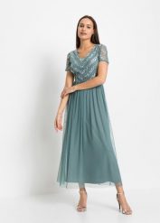 Długa sukienka z cekinami. Niebieskie sukienki damskie bonprix, bez wzorów, bez ramiączek. Za 309.99 zł.