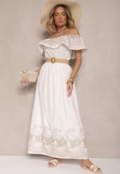 Biała Sukienka Boho o Kroju Hiszpanki Zdobiona Haftem i Paskiem z Klamrą Vallisca. Białe sukienki damskie Renee, z aplikacjami, z poliesteru, boho, bez ramiączek. W wyprzedaży za 107.99 zł.
