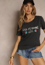 Czarny T-shirt z Bawełny Ozdobiony Nadrukiem Savetelle. Czarne t-shirty damskie Renee, l, bez wzorów, z bawełny, bez kołnierzyka. Za 39.99 zł.