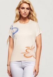 Beżowy Klasyczny T-shirt z Bawełny Ozdobiony Nadrukiem i Cyrkoniami Kristinae. Brązowe t-shirty damskie Born2be, l, z aplikacjami, z bawełny, bez kołnierzyka. Za 29.99 zł.