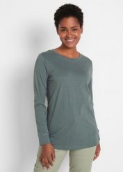 Długa koszulka z okrągłym dekoltem i długim rękawem (zestaw 5 szt.). Czarne bluzki damskie bonprix, bez wzorów, bez kołnierzyka, bez ramiączek. Za 159.99 zł.