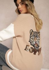 Beżowy Retro Kardigan z Ozdobnymi Naszywkami z Połyskiem Vialida. Brązowe kardigany damskie Renee, z aplikacjami. Za 159.99 zł.