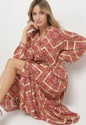 Bordowa Rozkloszowana Sukienka z Wiskozy Zapinana na Guziki z Falbanką Nrines. Czerwone sukienki damskie Born2be, bez wzorów, z wiskozy, eleganckie, bez ramiączek. W wyprzedaży za 101.99 zł.
