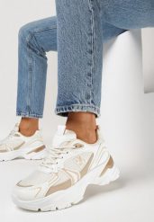 Beżowe Sneakersy na Grubej Podeszwie z Błyszczącymi Wstawkami i Sznurowaniem Vilenra. Brązowe obuwie sportowe damskie Born2be, bez zapięcia. Za 109.99 zł.
