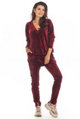 Wygodna Welurowa Bluza z Dekoltem w Szpic - Bordowa. Czerwone bluzy damskie Awama, uniwersalny, bez wzorów, z materiału, bez kaptura. Za 182.90 zł.