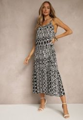 Czarna Bawełniana Sukienka w Geometryczny Wzór Koloniela. Czarne sukienki damskie Renee, bez wzorów, z bawełny, eleganckie, bez ramiączek. W wyprzedaży za 43.99 zł.