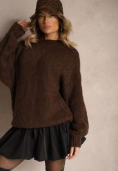 Brązowy Klasyczny Sweter z Wełną i Wiskozą o Luźnym Kroju Omethea. Brązowe swetry klasyczne damskie Renee, z jeansu, bez kołnierzyka. Za 189.99 zł.