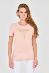GUESS Damski t-shirt z dużym zdobionym logo. Brązowe t-shirty damskie Guess, s, z aplikacjami, z bawełny, bez kołnierzyka. W wyprzedaży za 159.99 zł.