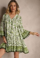 Zielona Sukienka z Wiskozą o Rozkloszowanym Kroju w Etniczny Print Aledia. Zielone sukienki damskie Renee, bez wzorów, z materiału, bez ramiączek. W wyprzedaży za 99.99 zł.