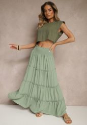 Zielona Rozkloszowana Spódnica z Gumką w Talii Zdobiona Falbanami Dovinelle. Zielone spódnice damskie Renee, na co dzień, l, z aplikacjami, eleganckie, maxi. Za 44.99 zł.