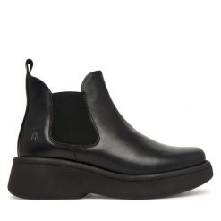 Sztyblety Fly London. Czarne botki damskie Fly London, bez obcasa, na płaskiej podeszwie, bez zapięcia. Za 639.99 zł.