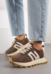 Brązowe Skórzane Sneakersy z Geometrycznym Motywem Melussea. Brązowe obuwie sportowe damskie Born2be, na wiosnę, z jeansu, bez zapięcia. Za 259.99 zł.
