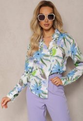 Beżowo-Niebieska Klasyczna Koszula z Bawełnianej Tkaniny w Kwiaty Andelia. Brązowe koszule damskie Renee, l, bez wzorów, z bawełny, eleganckie, bez kołnierzyka, bez ramiączek. Za 109.99 zł.