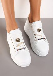 Białe Sneakersy na Platformie z Zawieszkami na Sznurówkach Ellamas. Białe obuwie sportowe damskie Renee, z jeansu, bez zapięcia, trekkingowe. Za 109.99 zł.