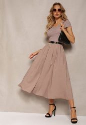 Ciemnobeżowa Sukienka o Rozkloszowanym Kroju z Krótkim Rękawem i Paskiem z Ekoskóry Frinna. Brązowe sukienki damskie Renee, bez wzorów, eleganckie, bez ramiączek. W wyprzedaży za 183.99 zł.