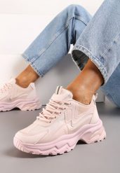 Różowe Klasyczne Sneakersy Sznurowane na Niskiej Platformie Lenivia. Czerwone obuwie sportowe damskie Renee, z jeansu, bez zapięcia. Za 74.99 zł.