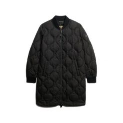 Damska długa kurtka Superdry. Czarne kurtki damskie Superdry, bez wzorów, z puchu, bez kaptura. W wyprzedaży za 450.10 zł.