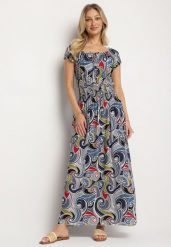 Granatowa Bawełniana Sukienka z Abstrakcyjnym Wzorem i Gumką w Pasie Orralisa. Niebieskie sukienki damskie Born2be, bez wzorów, z bawełny, eleganckie, bez ramiączek. Za 89.99 zł.