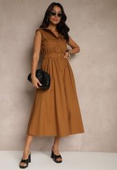 Brązowa Sukienka Koszulowa z Bawełny Ozdobiona Kieszonkami Saviette. Brązowe sukienki damskie Renee, bez wzorów, z bawełny, eleganckie, bez ramiączek. W wyprzedaży za 111.99 zł.