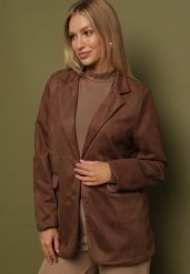 Brązowa Marynarka Oversize z Imitacji Zamszu o Pudełkowym Kroju Alonella. Brązowe marynarki i żakiety damskie Born2be, m, bez wzorów, z jeansu, biznesowe. Za 159.99 zł.