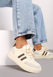 Beżowo-Brązowe Sneakersy na Grubej Podeszwie z Paskami i Sznurowaniem Tiariel. Brązowe obuwie sportowe damskie Born2be, bez zapięcia. Za 79.99 zł.