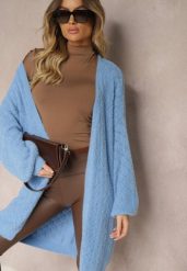 Niebieski Sweter o Długim Fasonie z Dekoltem V i Ozdobnym Splotem Jovima. Niebieskie kardigany damskie Renee, uniwersalny, z jeansu, bez kołnierzyka. Za 69.99 zł.