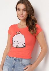 Pomarańczowy Bawełniany T-shirt z Ozdobnym Nadrukiem Ianestra. Brązowe t-shirty damskie Born2be, m, bez wzorów, z bawełny, bez kołnierzyka. Za 34.99 zł.