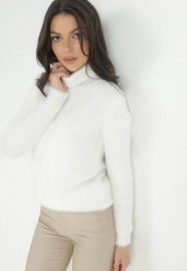 Biały Golf Wełniany Karle. Białe golfy damskie Born2be, m, bez wzorów, z tkaniny, bez ramiączek. Za 44.99 zł.