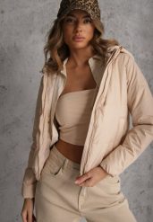 Ciemnobeżowa Pikowana Kurtka z Odpinanym Kapturem z Tkaniny Kaliran. Brązowe kurtki damskie Renee, l, bez wzorów, z jeansu. Za 149.99 zł.