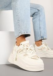 Beżowe Sneakersy na Platformie Ozdobione Wiązaniem Puvira. Brązowe obuwie sportowe damskie Renee, z jeansu, bez zapięcia. Za 99.99 zł.