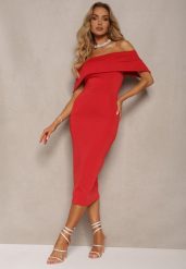 Czerwona Elegancka Sukienka Koktajlowa Hiszpanka o Dopasowanym Kroju Nuelia. Czerwone sukienki damskie Renee, bez wzorów, z dzianiny, eleganckie, bez ramiączek. W wyprzedaży za 99.99 zł.