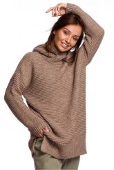 Długi sweter z miękkiej przędzy z wełną beżowy. Brązowe golfy damskie Sukienki.shop, uniwersalny, bez wzorów, z nylonu, bez ramiączek. Za 269.00 zł.