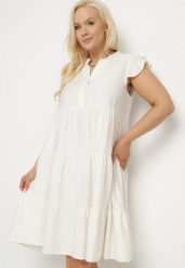 Jasnobeżowa Sukienka o Rozkloszowanym Kroju z Dekoltem w Serek Meverina. Brązowe sukienki damskie Born2be, z aplikacjami, eleganckie, bez ramiączek. W wyprzedaży za 59.49 zł.