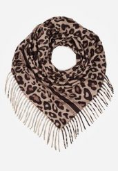Brązowy Wiskozowy Szalik w Panterkę Wykończony Frędzlami Alefera. Brązowe szaliki damskie Renee, bez wzorów, z jeansu. Za 39.99 zł.