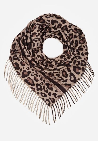 Brązowy Wiskozowy Szalik w Panterkę Wykończony Frędzlami Alefera. Brązowe szaliki damskie Renee, bez wzorów, z jeansu. Za 39.99 zł.